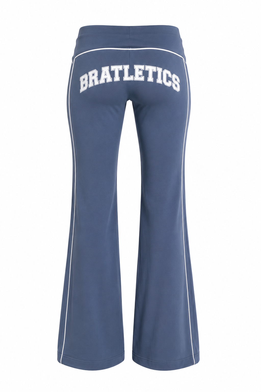Blue pants with 'BRATLETTICS' text on a white background