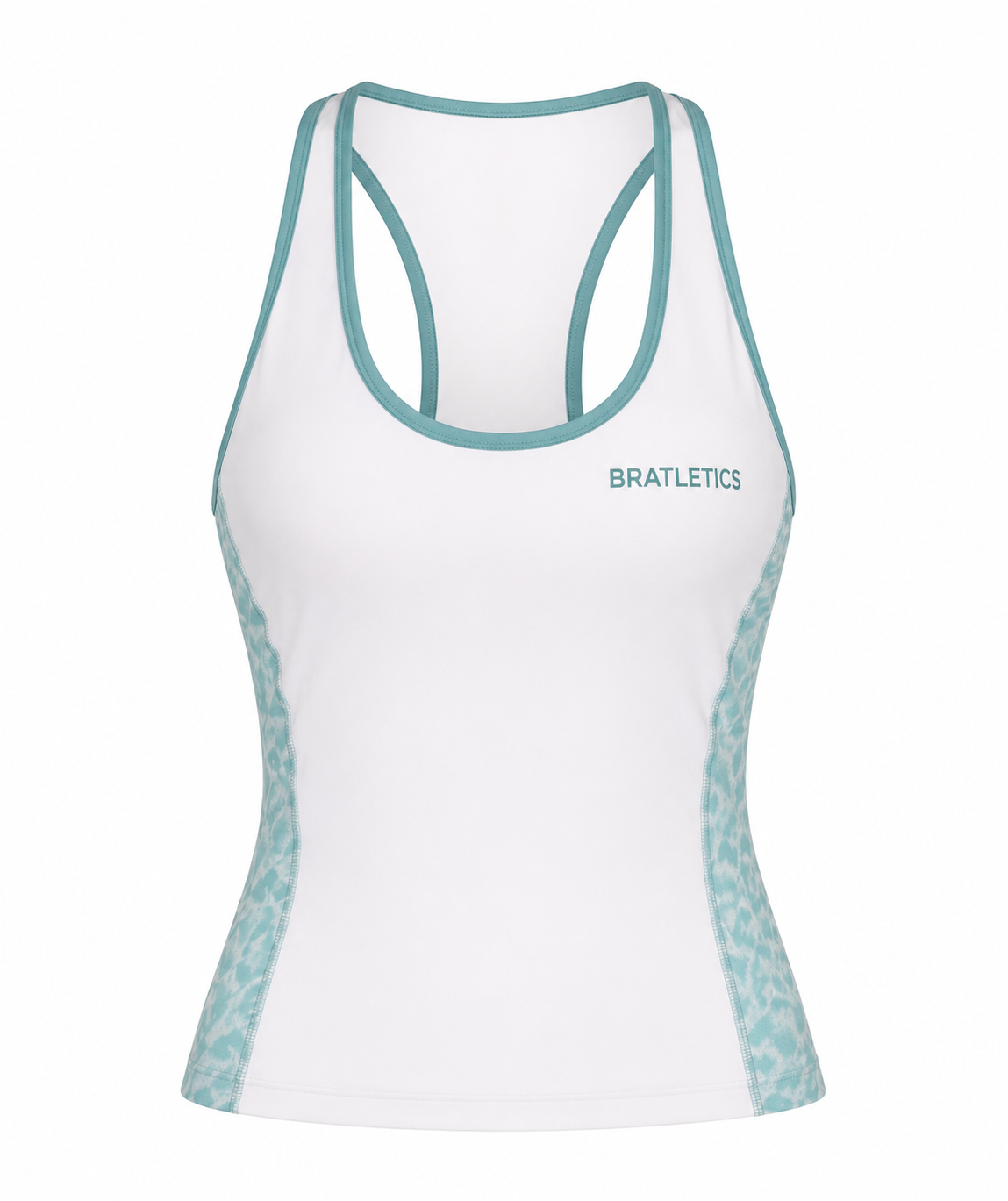 White tank top with teal accents and 'BRATLETICS' branding on a white background