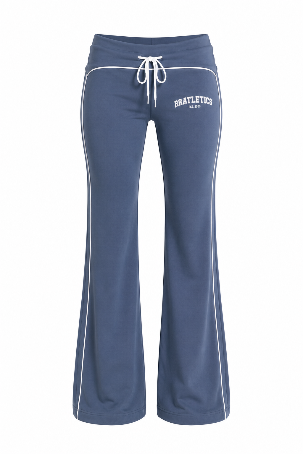 Blue sweatpants with white drawstring and branding on a white background