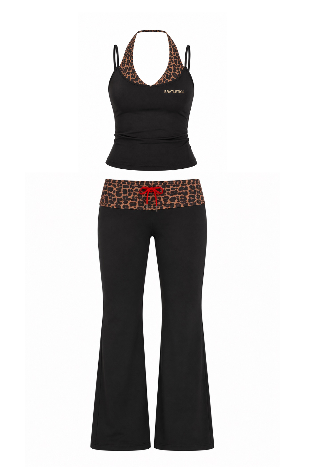 Black outfit with leopard print accents on a white background