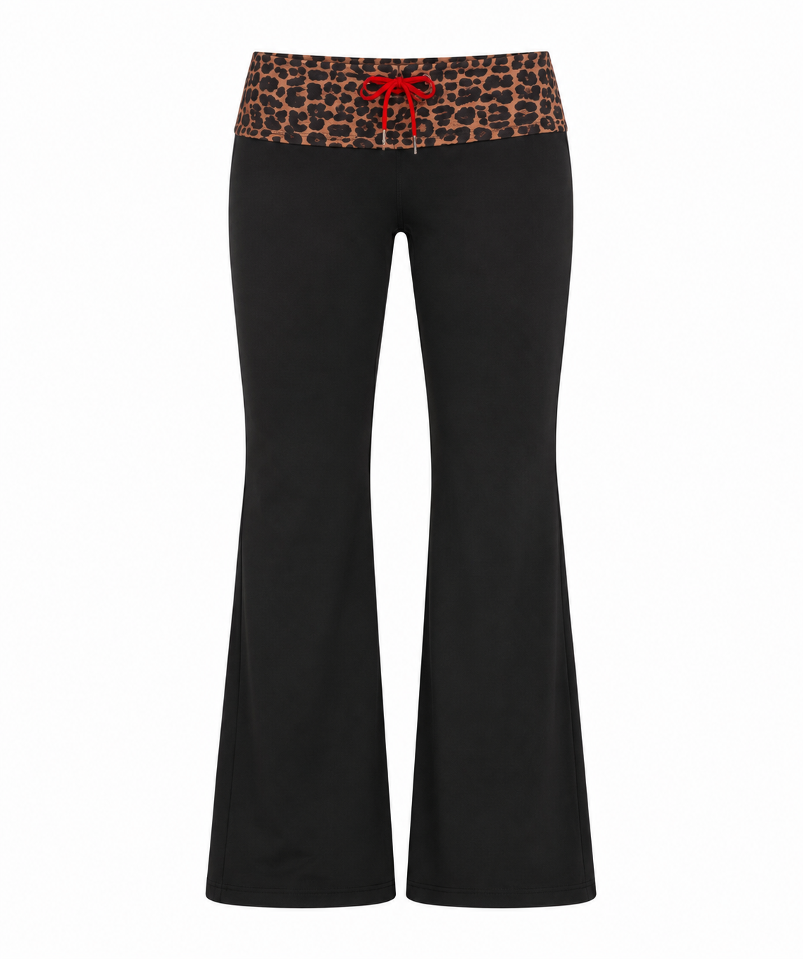 Black bell-bottom pants with a leopard print waistband featuring a red bow on a white background.