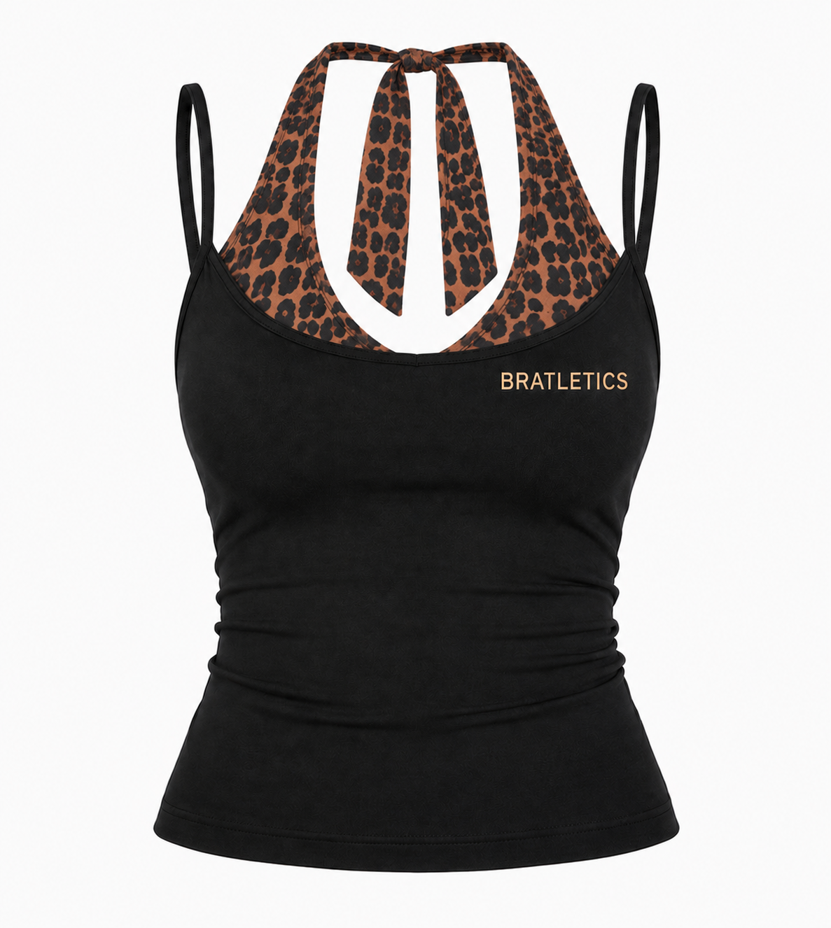Black tank top with leopard print straps and 'BRATLETICS' branding on a white background