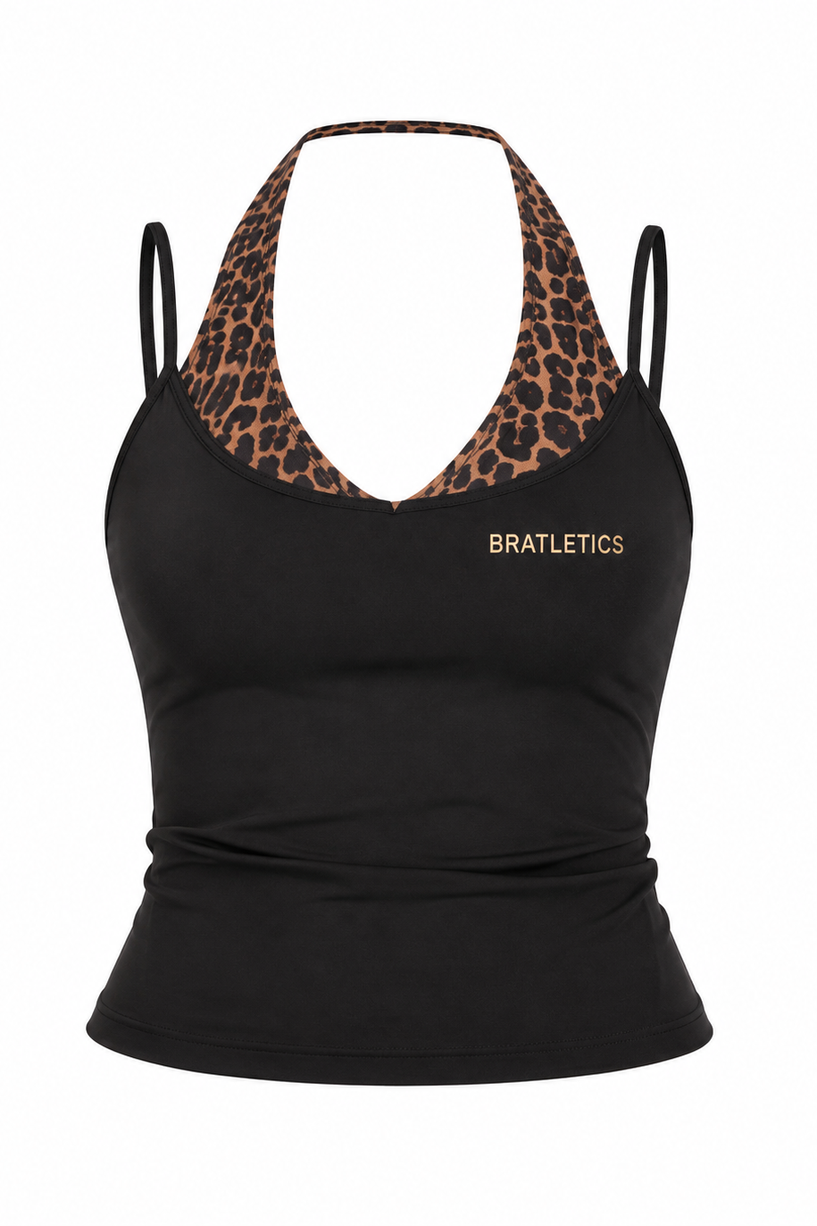 Black tank top with leopard print straps and 'BRATLETICS' branding on a white background