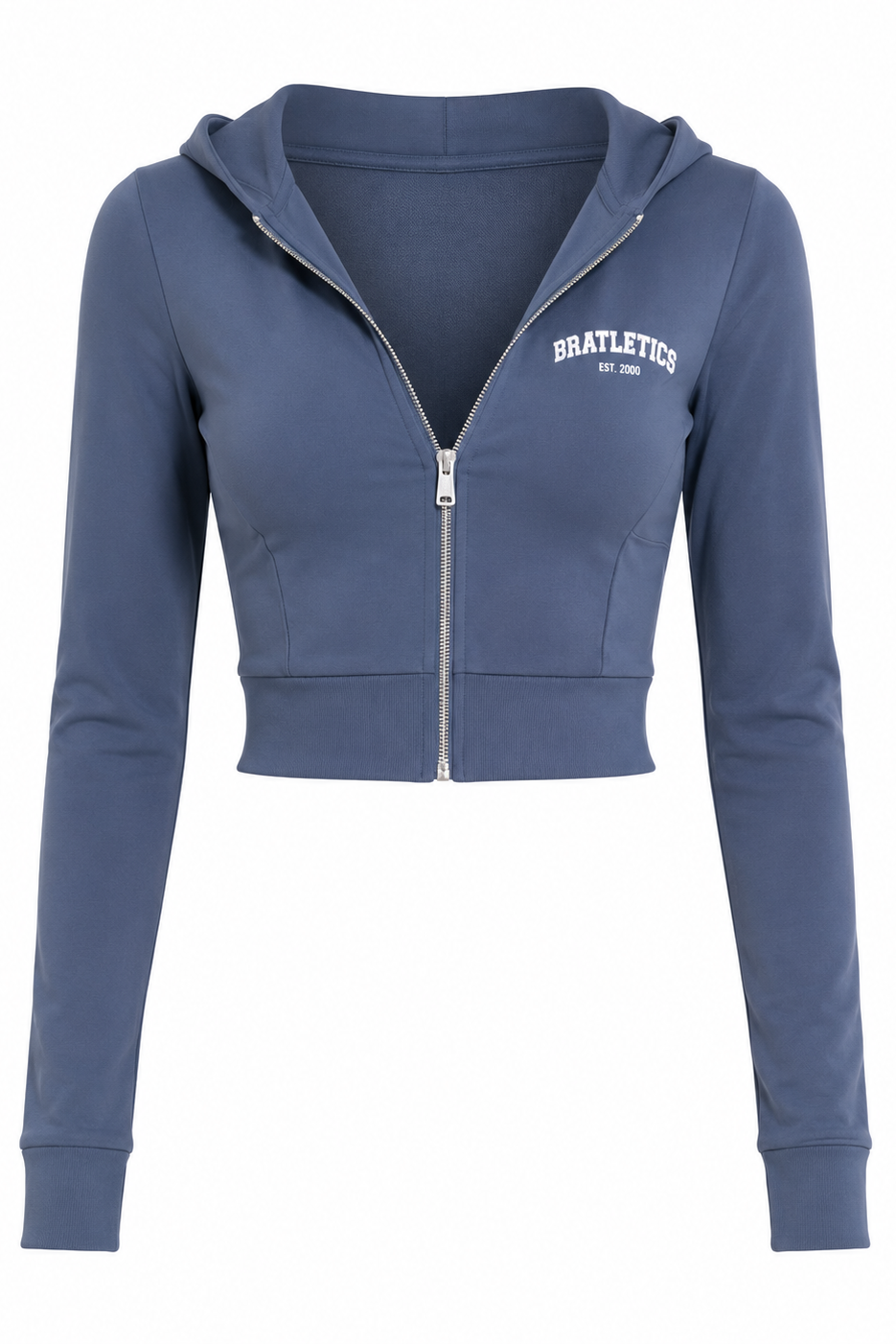 Blue cropped hoodie with a zipper on a white background