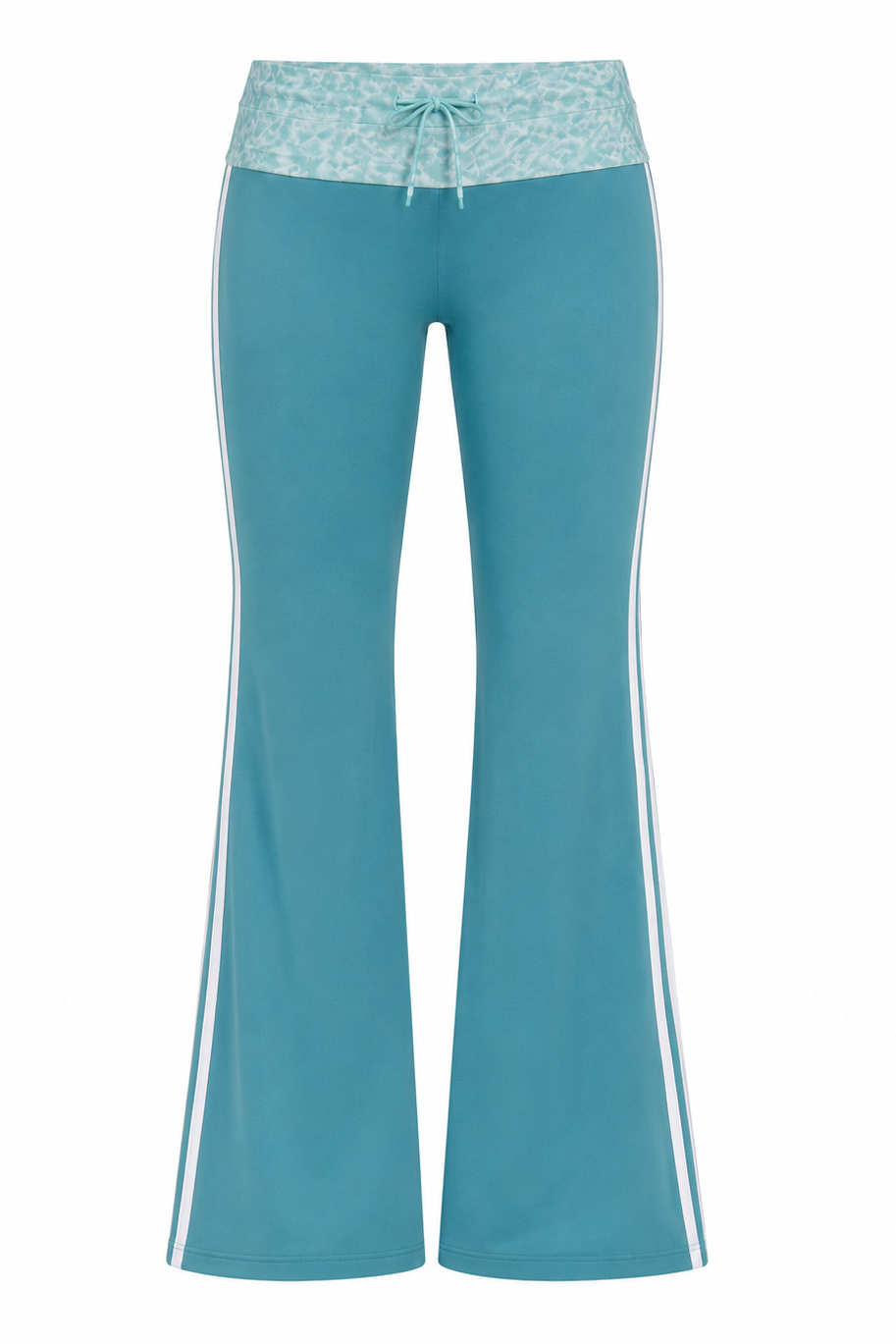 Teal pants with a white stripe on a white background
