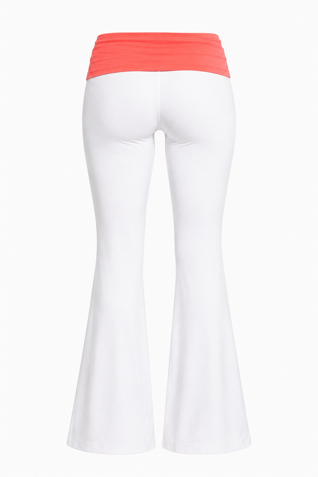 White flared leggings with a contrasting coral orange waistband, shown from the back on a plain white background.