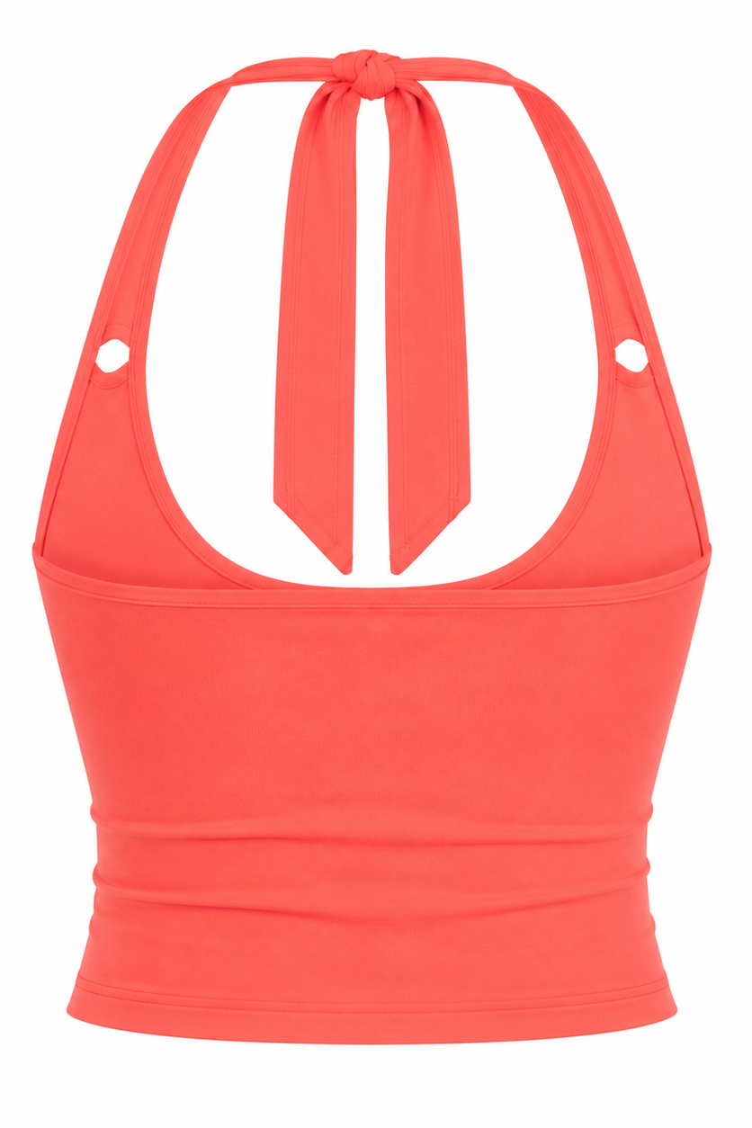 A bright coral orange halter crop top with a tie-front detail and side snap buttons, shown against a plain white background.