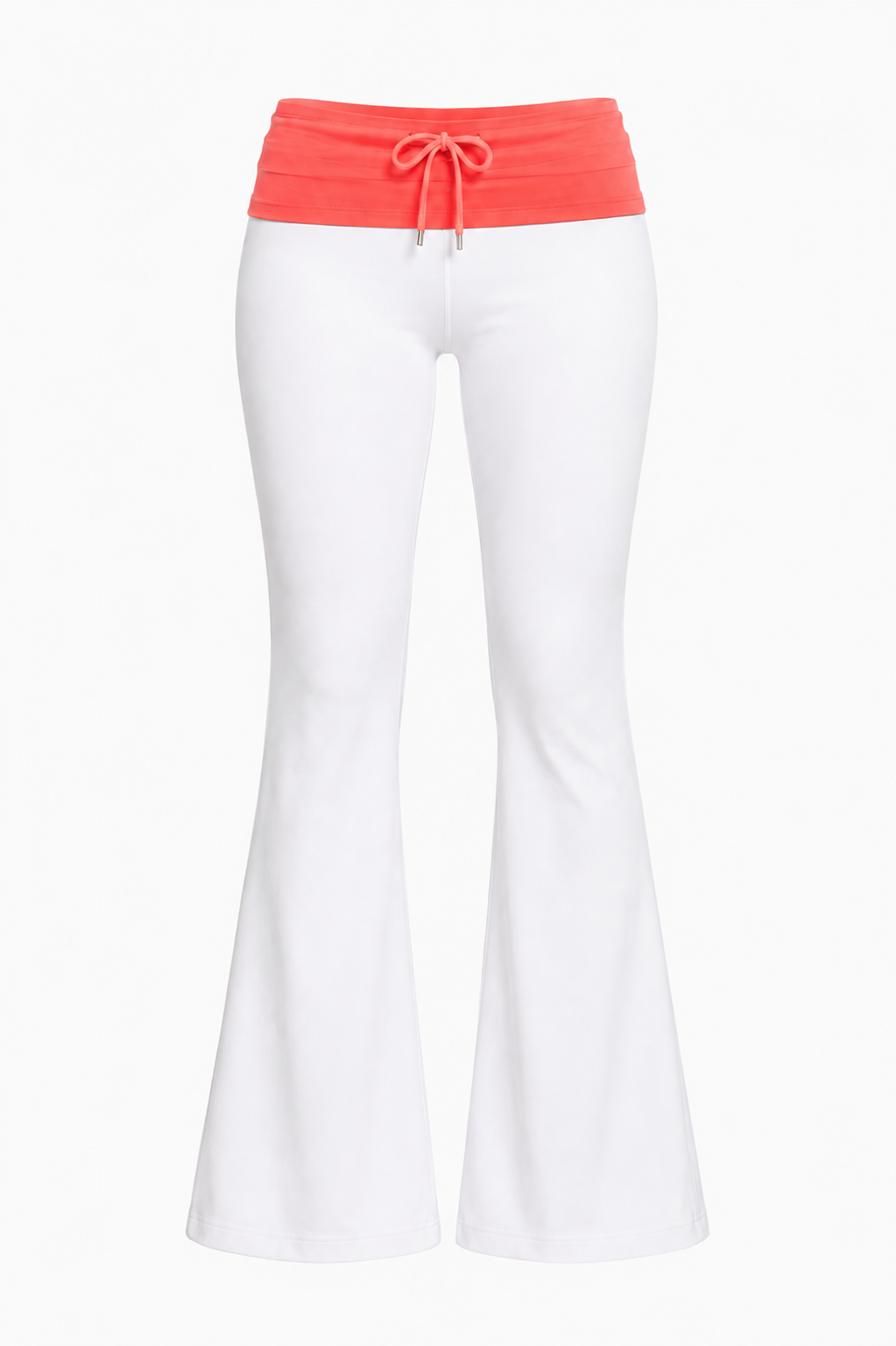 White flared pants with a contrasting coral orange elastic waistband and drawstring, shown on a plain white background.